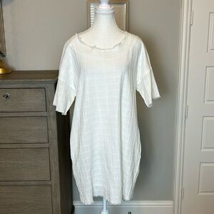 KLD | Off White 100% Cotton Gauze Fringe Border Pockets Shift Dress | Large